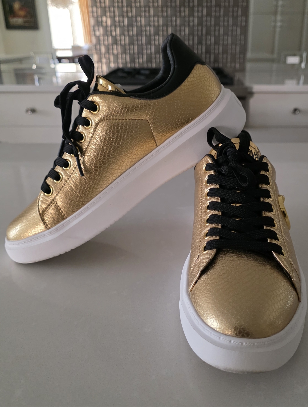 Cavalli Class Gold And Black Low-Top Platform Sneakers